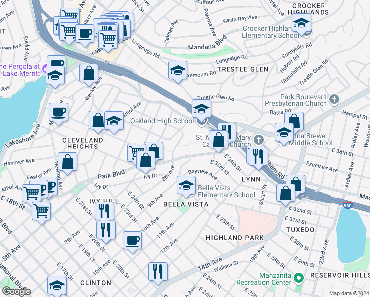 map of restaurants, bars, coffee shops, grocery stores, and more near 2982 Park Boulevard in Oakland