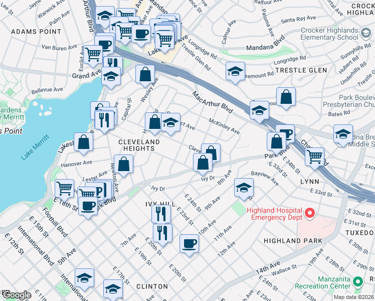 map of restaurants, bars, coffee shops, grocery stores, and more near 516 Zorah Street in Oakland