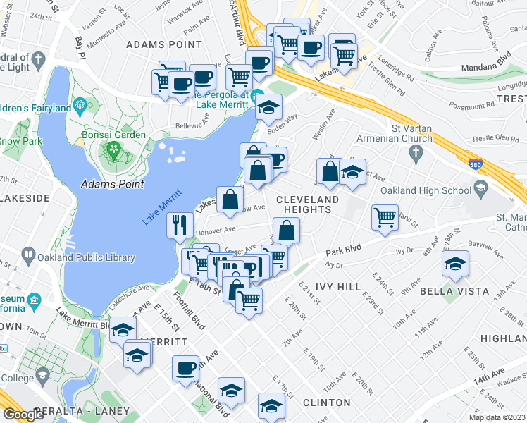 map of restaurants, bars, coffee shops, grocery stores, and more near 357 Hanover Avenue in Oakland