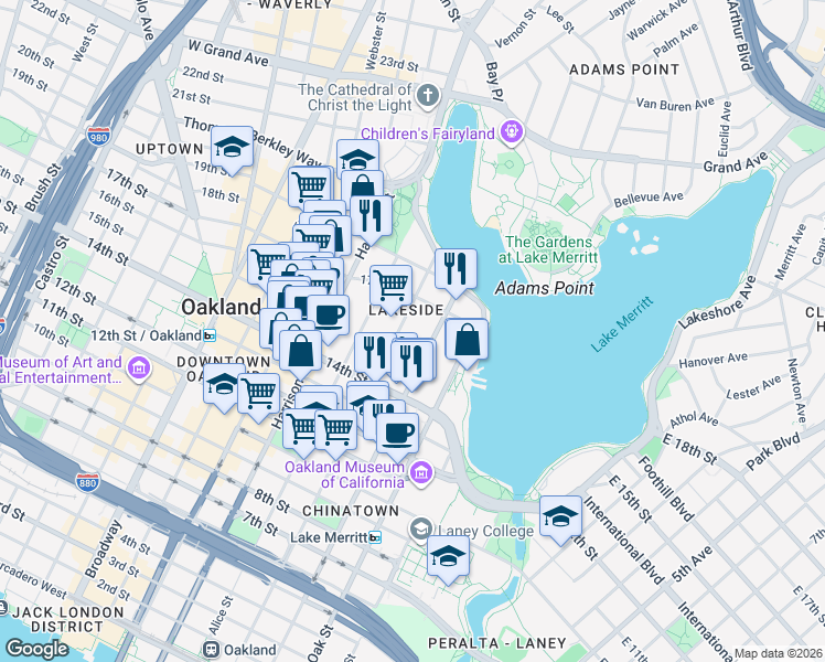 map of restaurants, bars, coffee shops, grocery stores, and more near 1551 Madison Street in Oakland
