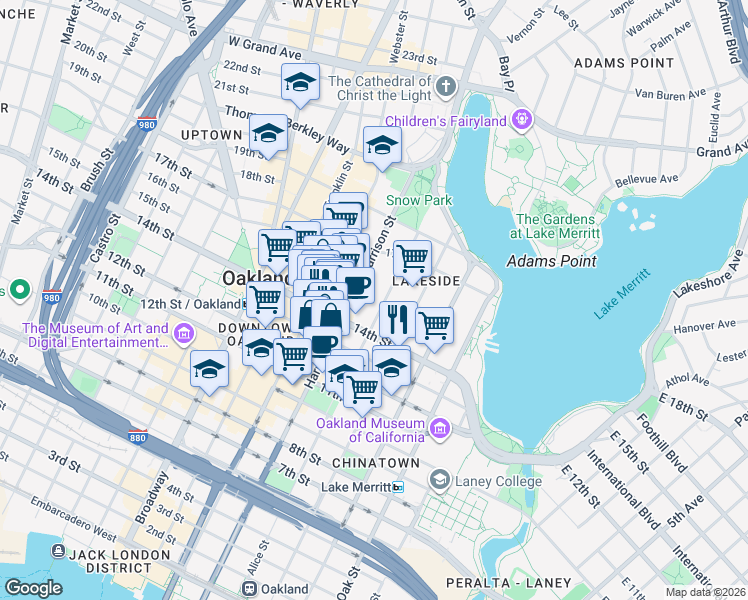 map of restaurants, bars, coffee shops, grocery stores, and more near 1429 Alice Street in Oakland