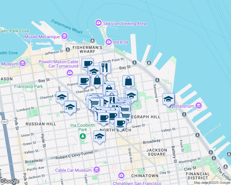 map of restaurants, bars, coffee shops, grocery stores, and more near 463 Lombard Street in San Francisco