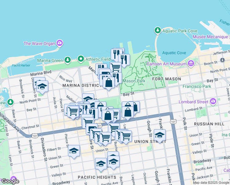 map of restaurants, bars, coffee shops, grocery stores, and more near 1600 Bay Street in San Francisco