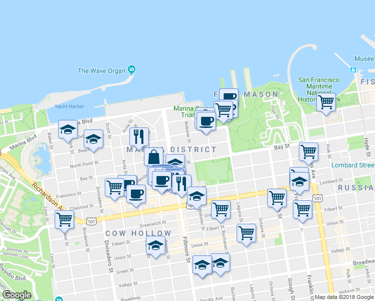 map of restaurants, bars, coffee shops, grocery stores, and more near in San Francisco