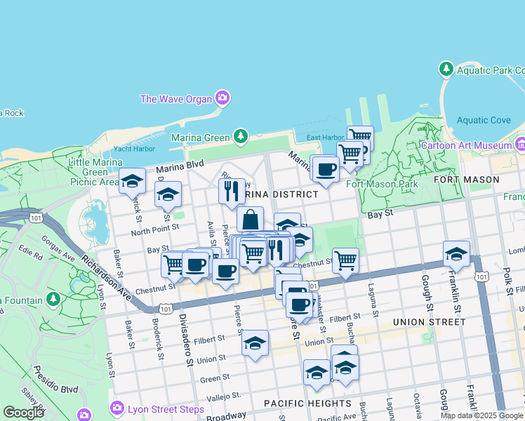 map of restaurants, bars, coffee shops, grocery stores, and more near 25 Cervantes Boulevard in San Francisco