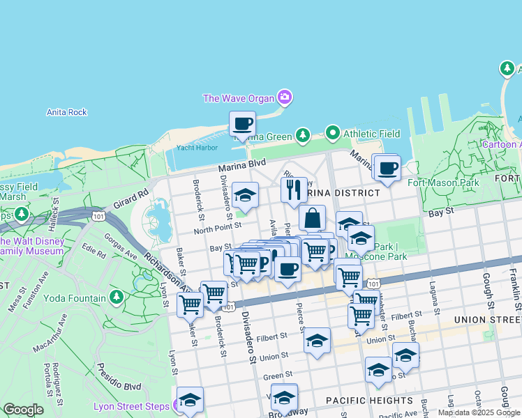 map of restaurants, bars, coffee shops, grocery stores, and more near 2100 North Point Street in San Francisco