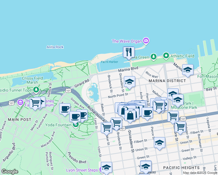 map of restaurants, bars, coffee shops, grocery stores, and more near 3524 Broderick Street in San Francisco