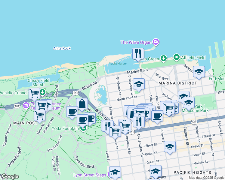 map of restaurants, bars, coffee shops, grocery stores, and more near 2275 Beach Street in San Francisco