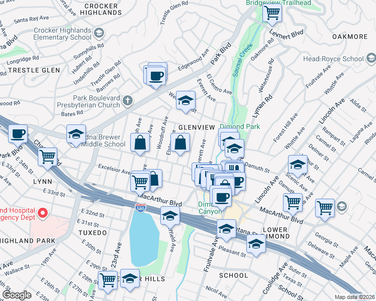 map of restaurants, bars, coffee shops, grocery stores, and more near 3911 La Cresta Avenue in Oakland
