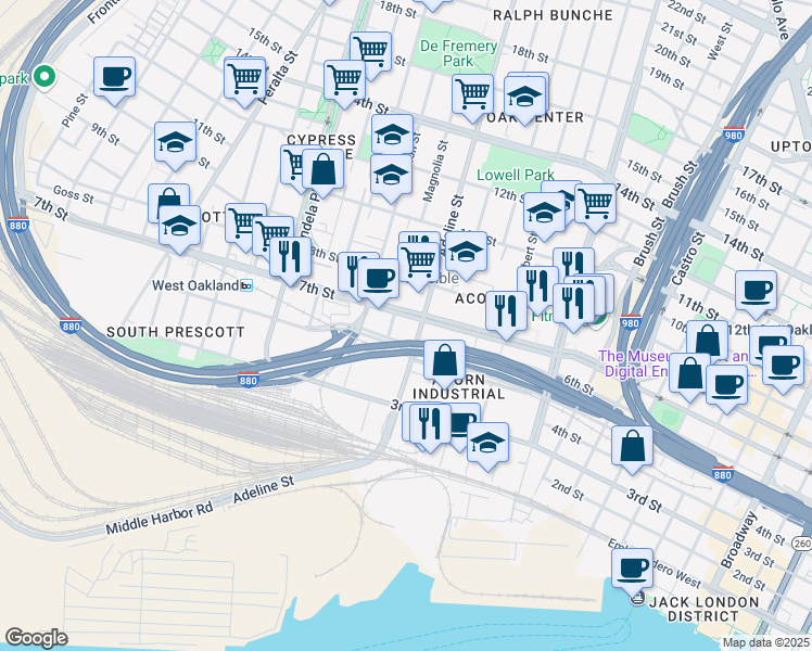 map of restaurants, bars, coffee shops, grocery stores, and more near 1155 7th Street in Oakland