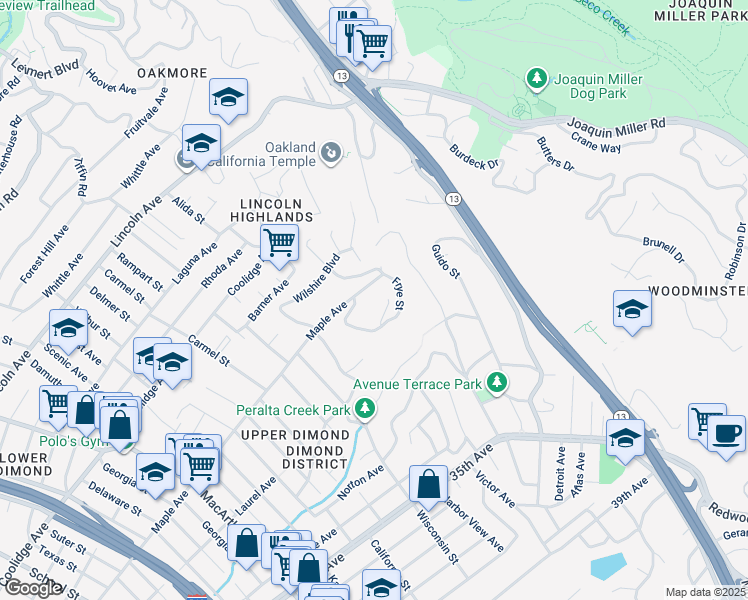 map of restaurants, bars, coffee shops, grocery stores, and more near 4258 Maple Avenue in Oakland