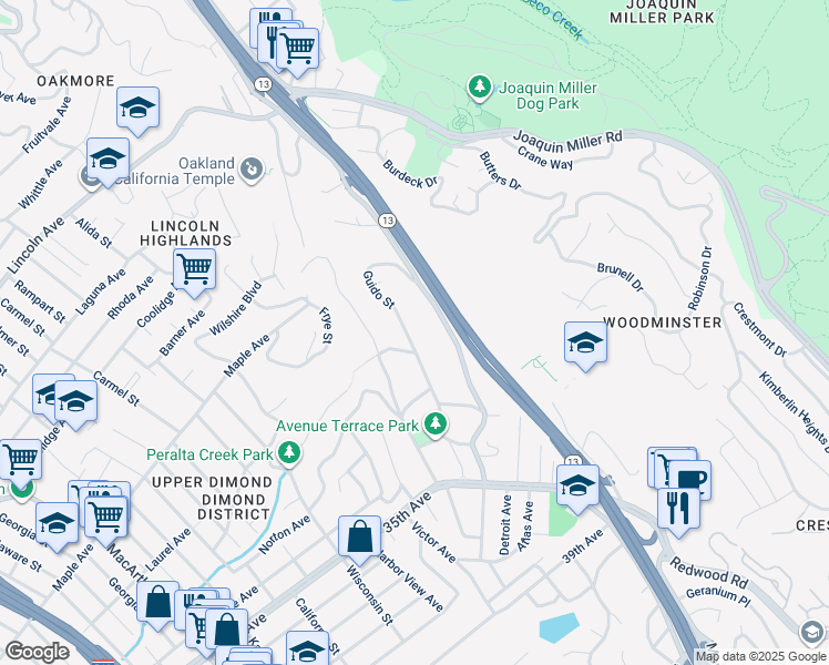 map of restaurants, bars, coffee shops, grocery stores, and more near 3176 Jordan Road in Oakland