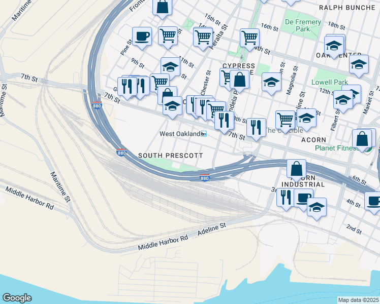 map of restaurants, bars, coffee shops, grocery stores, and more near 1484 3rd Street in Oakland