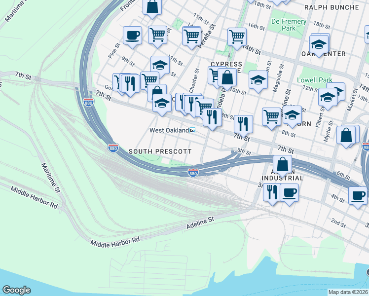 map of restaurants, bars, coffee shops, grocery stores, and more near 1484 3rd Street in Oakland