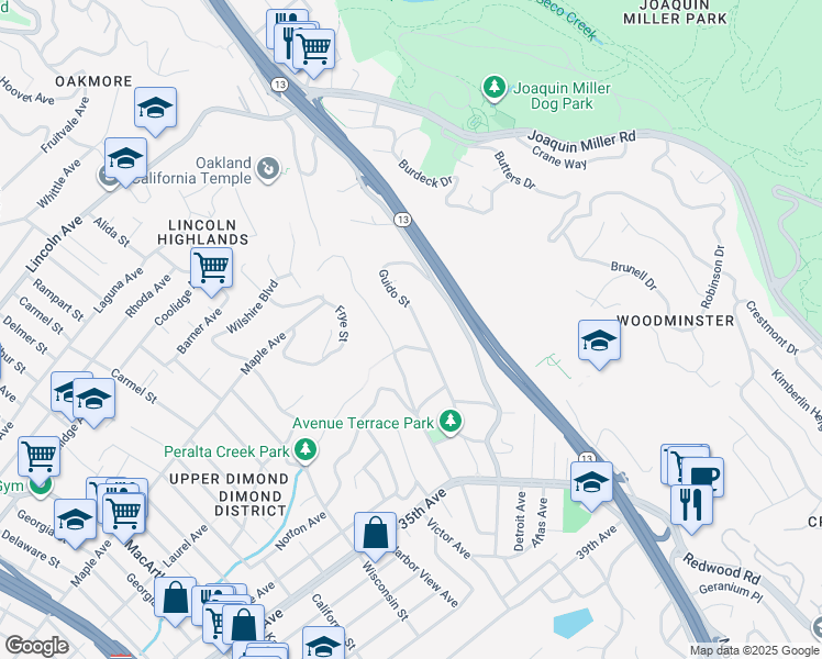 map of restaurants, bars, coffee shops, grocery stores, and more near 3209 Guido Street in Oakland
