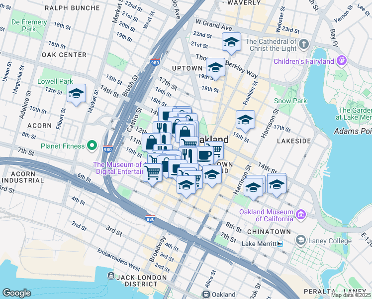 map of restaurants, bars, coffee shops, grocery stores, and more near 500 12th Street in Oakland