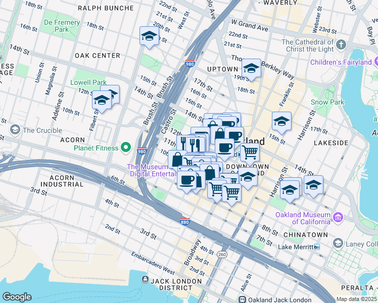 map of restaurants, bars, coffee shops, grocery stores, and more near 1100 Jefferson Street in Oakland
