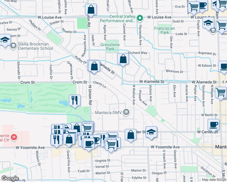 map of restaurants, bars, coffee shops, grocery stores, and more near 393 Cherry Lane in Manteca