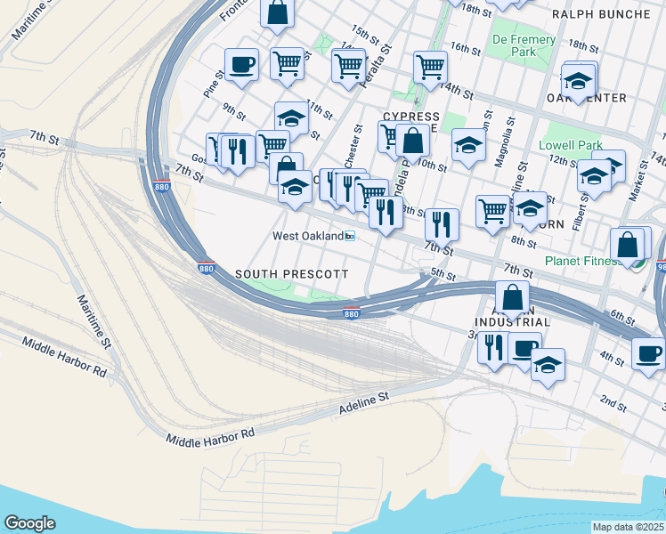 map of restaurants, bars, coffee shops, grocery stores, and more near 355 Center Street in Oakland