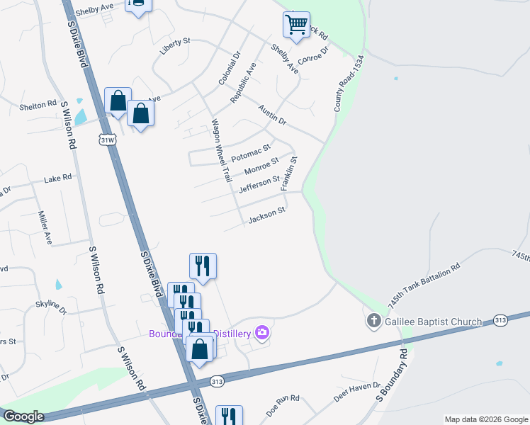 map of restaurants, bars, coffee shops, grocery stores, and more near 109 Jackson Street in Radcliff
