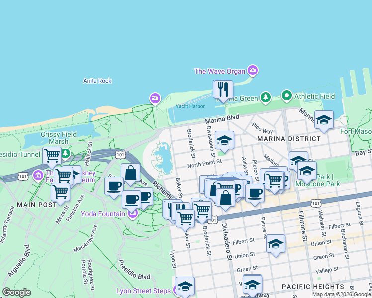 map of restaurants, bars, coffee shops, grocery stores, and more near 2275 Beach Street in San Francisco