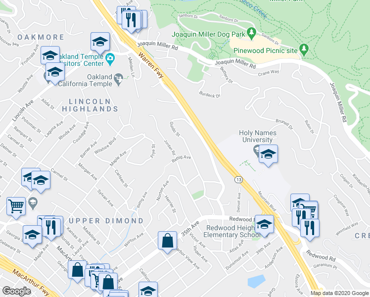 map of restaurants, bars, coffee shops, grocery stores, and more near 3209 Guido Street in Oakland