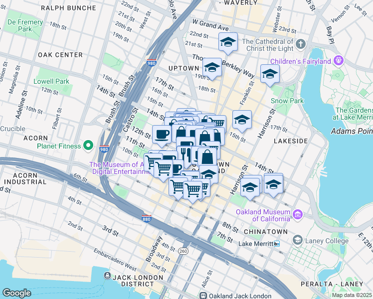 map of restaurants, bars, coffee shops, grocery stores, and more near 500 12th Street in Oakland