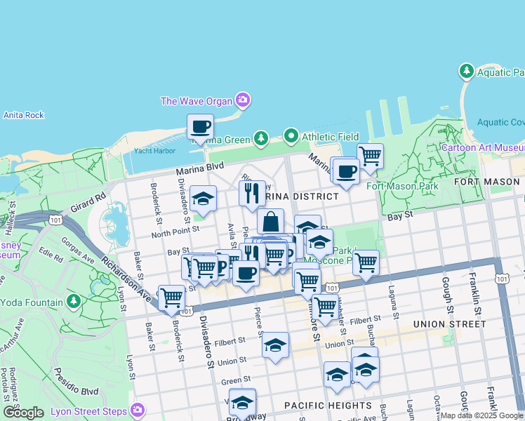 map of restaurants, bars, coffee shops, grocery stores, and more near 85 Cervantes Boulevard in San Francisco