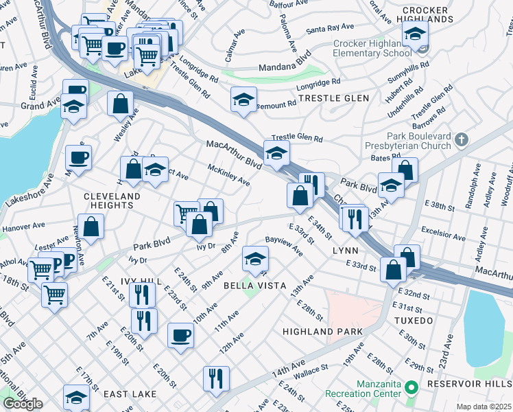 map of restaurants, bars, coffee shops, grocery stores, and more near 33 Home Place East in Oakland