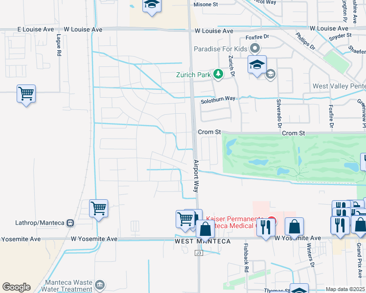 map of restaurants, bars, coffee shops, grocery stores, and more near 395 Airport Way in Manteca