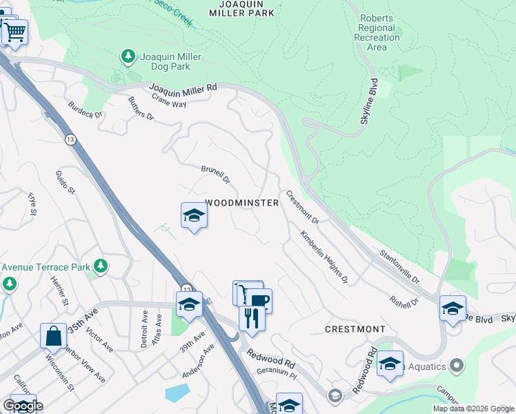 map of restaurants, bars, coffee shops, grocery stores, and more near 3625 Brunell Drive in Oakland