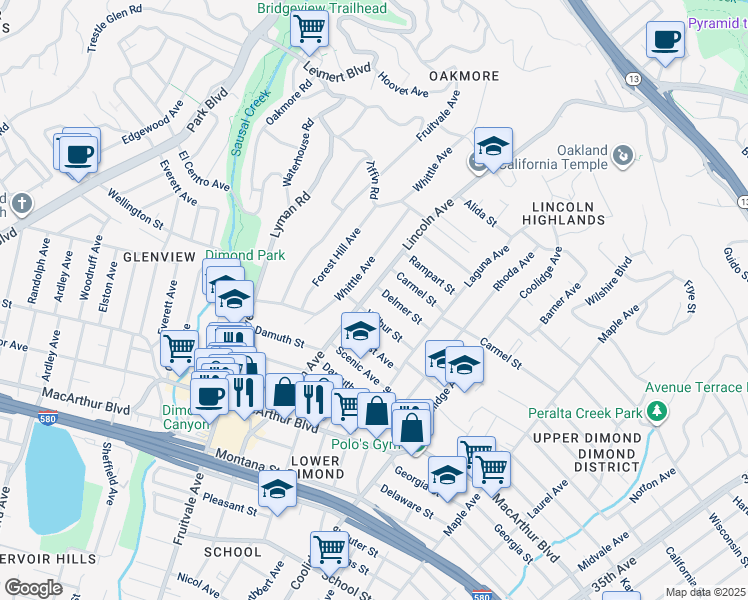 map of restaurants, bars, coffee shops, grocery stores, and more near 2440 Wilbur Street in Oakland