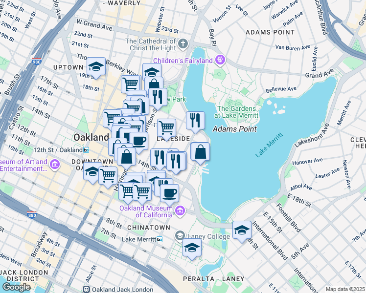 map of restaurants, bars, coffee shops, grocery stores, and more near 1551 Madison Street in Oakland