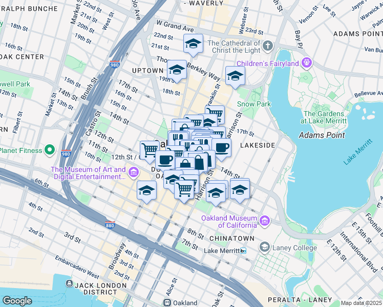 map of restaurants, bars, coffee shops, grocery stores, and more near in Oakland
