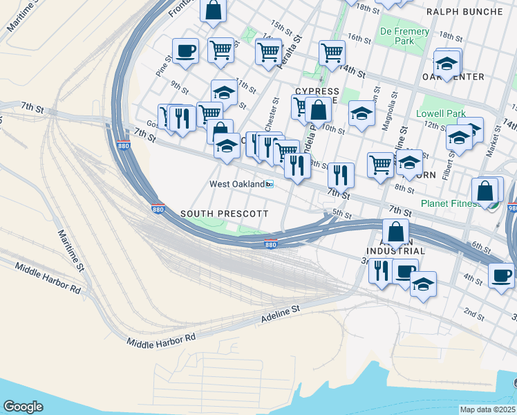 map of restaurants, bars, coffee shops, grocery stores, and more near 1484 3rd Street in Oakland