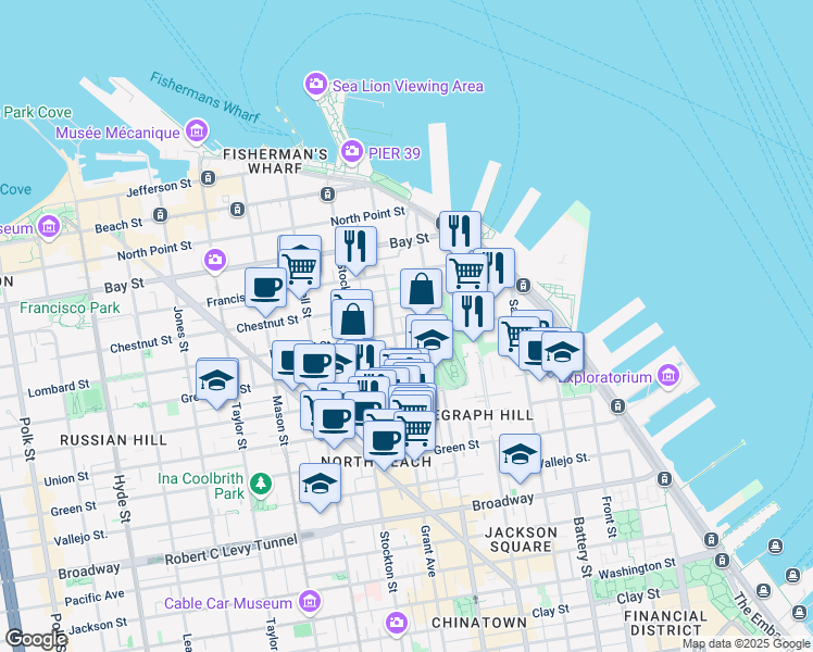 map of restaurants, bars, coffee shops, grocery stores, and more near 425 Greenwich Street in San Francisco