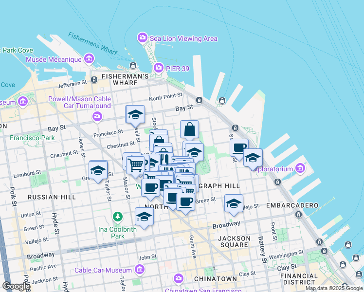 map of restaurants, bars, coffee shops, grocery stores, and more near 425 Greenwich Street in San Francisco