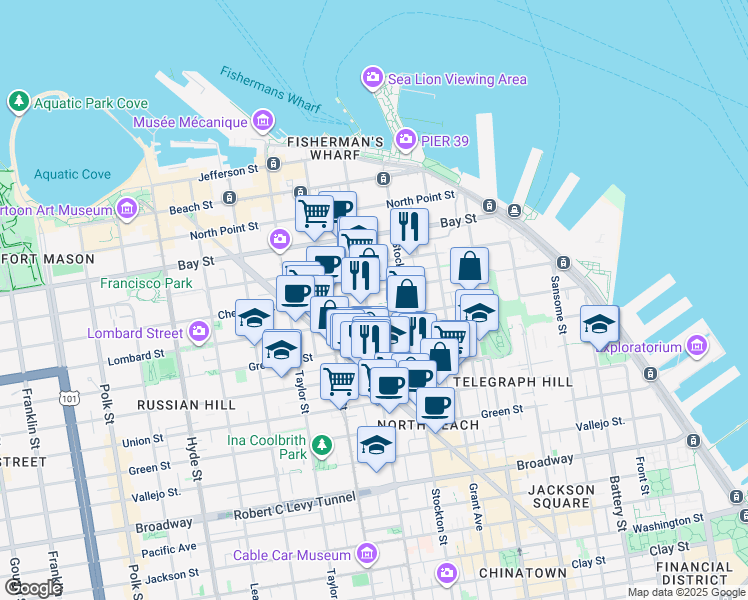 map of restaurants, bars, coffee shops, grocery stores, and more near 636 Greenwich Street in San Francisco