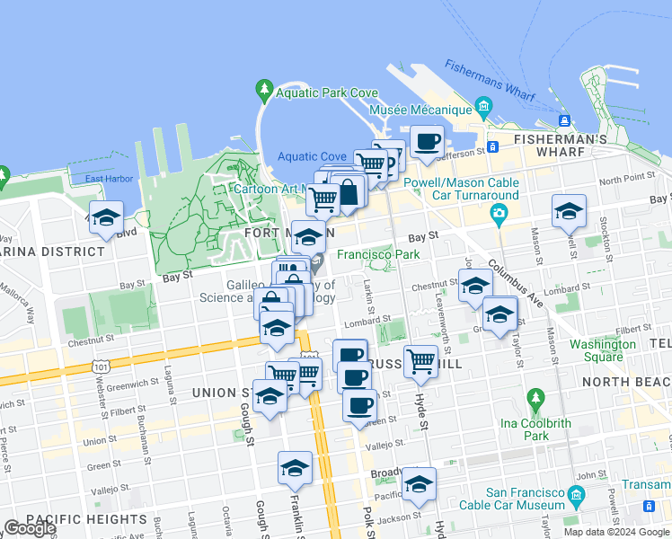 map of restaurants, bars, coffee shops, grocery stores, and more near 131 Culebra Terrace in San Francisco