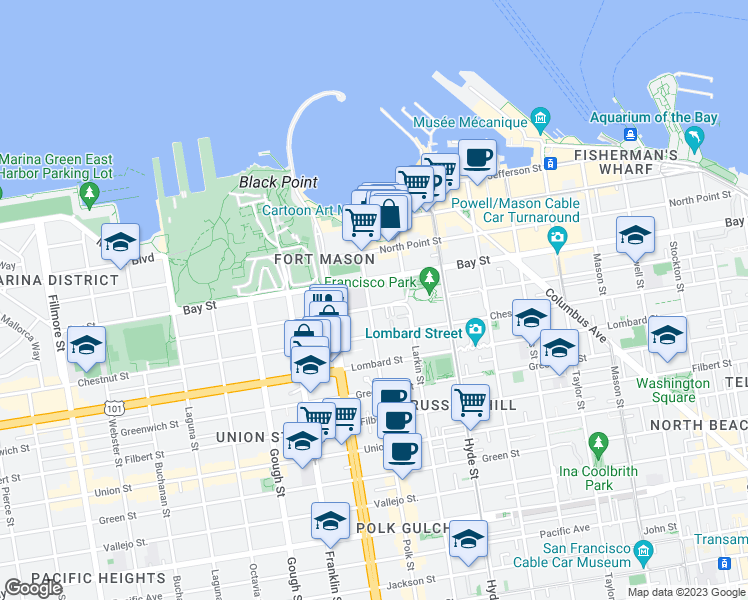 map of restaurants, bars, coffee shops, grocery stores, and more near 131 Culebra Terrace in San Francisco