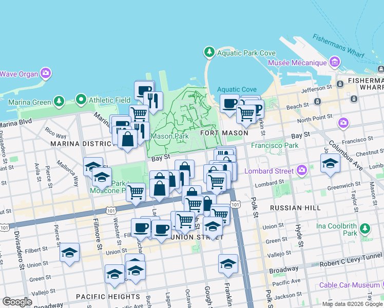 map of restaurants, bars, coffee shops, grocery stores, and more near 3219 Gough Street in San Francisco