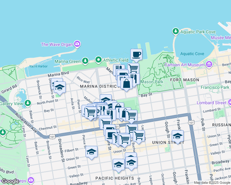 map of restaurants, bars, coffee shops, grocery stores, and more near 1674 Bay Street in San Francisco