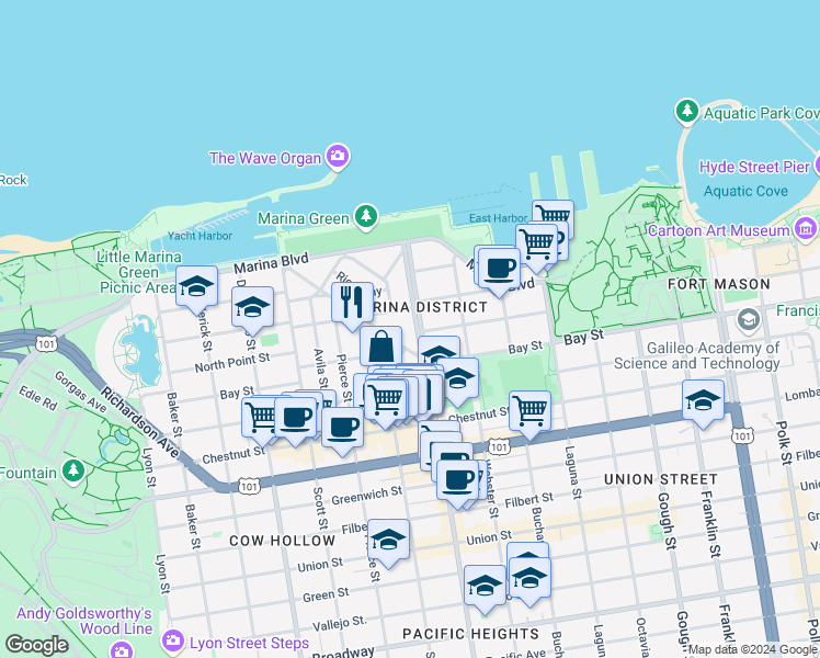 map of restaurants, bars, coffee shops, grocery stores, and more near 25 Cervantes Boulevard in San Francisco