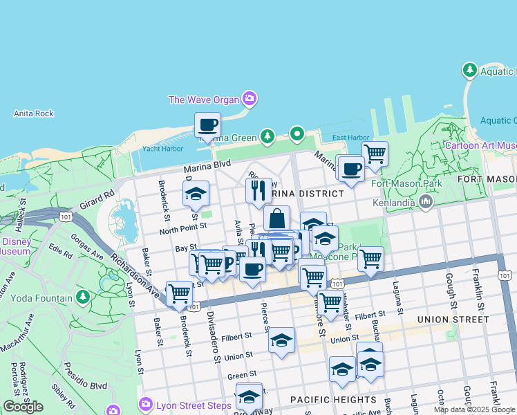 map of restaurants, bars, coffee shops, grocery stores, and more near 10 Capra Way in San Francisco