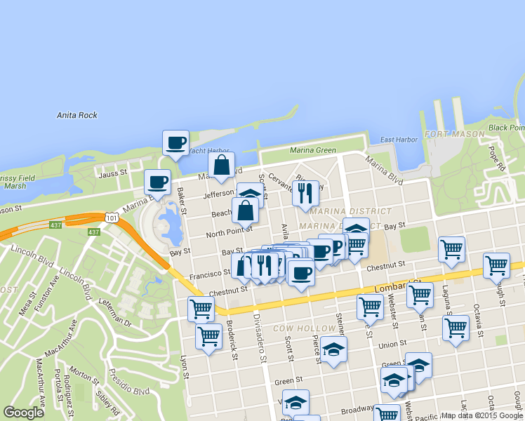 map of restaurants, bars, coffee shops, grocery stores, and more near 2100 North Point Street in San Francisco