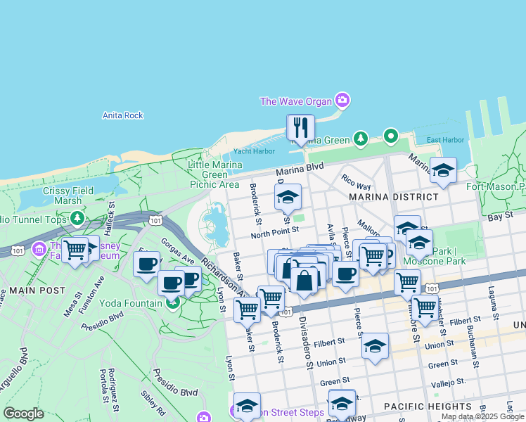 map of restaurants, bars, coffee shops, grocery stores, and more near 3524 Broderick Street in San Francisco