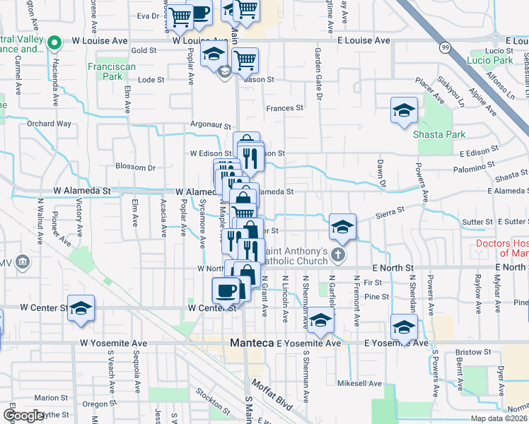 map of restaurants, bars, coffee shops, grocery stores, and more near North Grant Avenue in Manteca