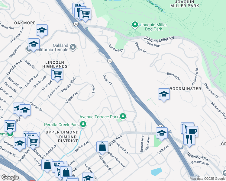 map of restaurants, bars, coffee shops, grocery stores, and more near 3209 Guido Street in Oakland