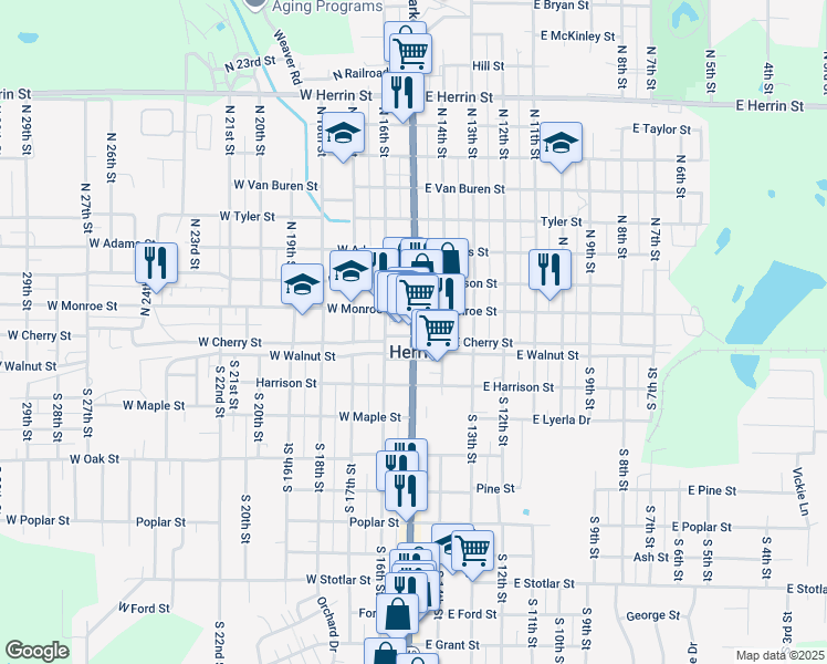 map of restaurants, bars, coffee shops, grocery stores, and more near 112 North Park Avenue in Herrin