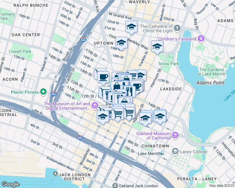 map of restaurants, bars, coffee shops, grocery stores, and more near in Oakland